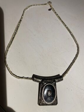 American Eagle Outfitters Silver Necklace with Black Oval Pendant